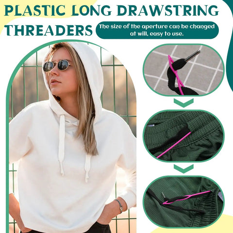 Drawstring Threader Tool Set 16 Piece Kit With Loop Turners Tweezers Elastic Threaders For Jackets Pants Hoodies Sportswear And Hats Pro Grade Durable Tools By Fedmut shown with usage examples on hoodie and pants.