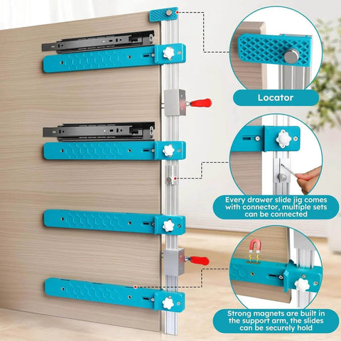 Pro Grade Drawer Slide Jig For Cabinets And Desks with toggle clamp and magnetic arm, installed on a wooden surface