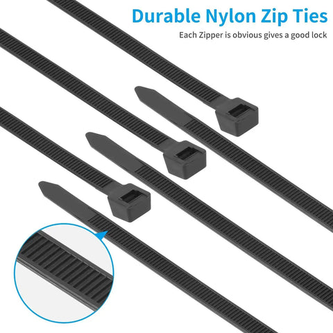 Heavy Duty 18 Inch Black Zip Ties 9mm Wide 200 Lb Tensile Strength 100 Pack indoor outdoor UV resistant close-up with locking mechanism