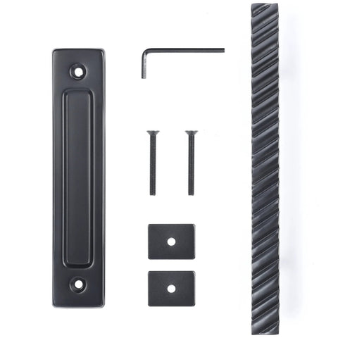 Solid Brass Sliding Barn Door Handles Set, 12 Inch Heavy Duty Two Sided Design, showing parts including screws and hex key.