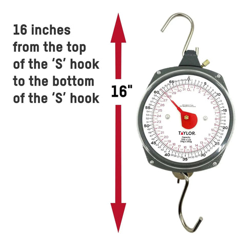 Dial Style 70-Pound Heavy-Duty Industrial Hanging Scale with S-hooks, high-visibility dial, bright red pointer, and stainless steel.