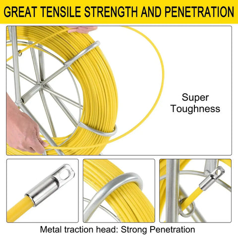 Beefy Heavy Duty Fiberglass Duct Rodder 8mm By 150m 492ft with wheel, metal traction head, and details shown