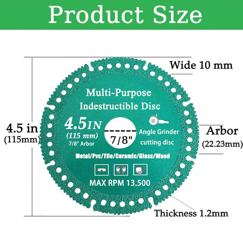 Front view of Six Pack Four Point Five Inch Pro Grade Diamond Cut Off Wheels for angle grinder showing size and material use.