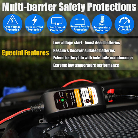 All Weather 12V Battery Charger Maintainer And Desulfator With Automatic Trickle Charge For Cars Boats And Powersports 800mA Lead Acid AGM Gel Cell Ready By MOTOPOWER MP00205A showing safety features and connections.