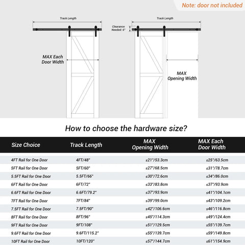 Diagram showing size options for Heavy Duty Barn Door Hardware Kit with 4 Foot Sliding Track for 24 Inch Wide Door Panels.