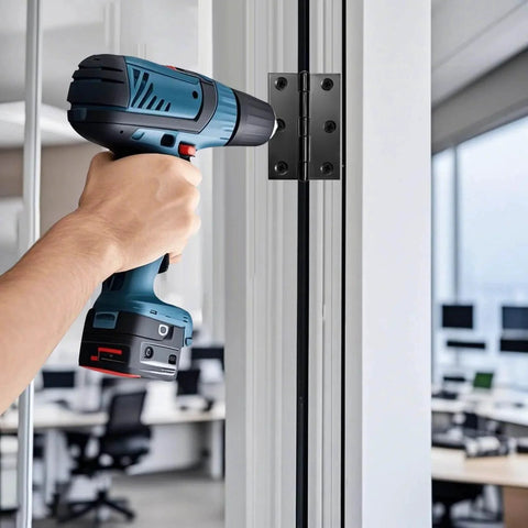 Installing 3 inch black door hinges on interior door with electric drill, 12 pack durable 304 stainless steel includes 96 screws