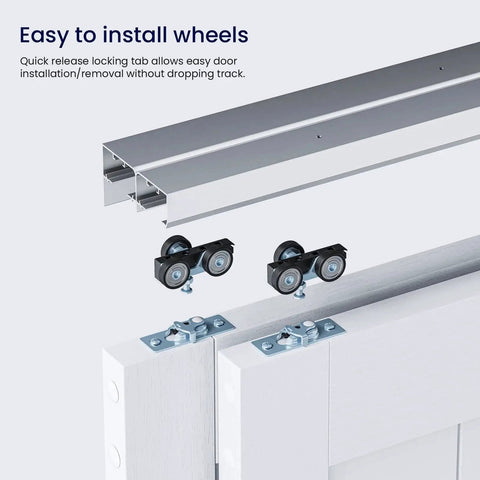 Bypass Sliding Door Hardware Kit For Cabinets And Closets Aluminum Alloy with Finger Pull 2 Door System components showing wheels and track