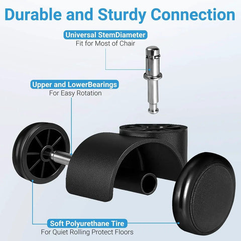 Diagram of 2 Inch Office Chair Casters Wheels Set Of 5 Heavy Duty Quiet Rubber Wheels with labels for stem diameter and bearings.