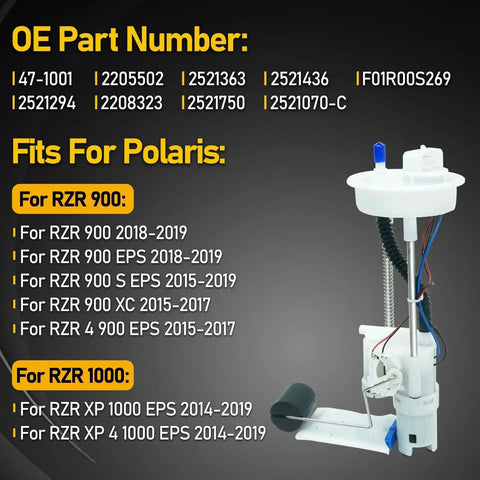 Fuel Pump Assembly 2205502 47 1001 Replacement Part For Offroad UTV RZR 900 and 1000 XP models, with OE part numbers listed.