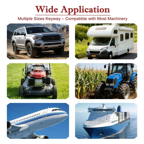 Wide application of Woodruff Key Assortment Set 160 Pcs 15 Sizes for engines and gearheads, showcasing compatible machinery.
