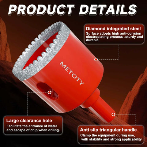 Close-up of Pro Grade Diamond Hole Saw Drill Bit Set 15 Pc showing diamond integrated steel, clearance hole, and handle