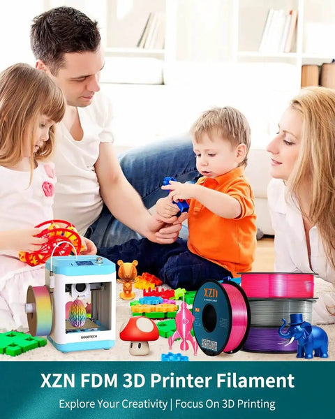 Family playing with toys and XZN FDM 3D printer filament beside, promoting creativity with colorful 3D prints in a home setting.