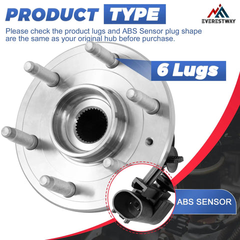 4WD Front Wheel Hub Bearing Assembly With ABS For Chevy Silverado Suburban Tahoe Avalanche Escalade GMC Yukon 1 PC OE Replacement 515096 WE60747 BR930661 25918329, showing 6 lugs and ABS sensor