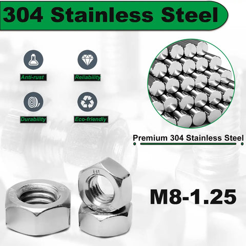 Beefy M8 Hex Nuts Set In 304 Stainless Steel Right Hand Thread M8 X 1.25 Pitch DIN934 Standard for machinery and DIY projects.