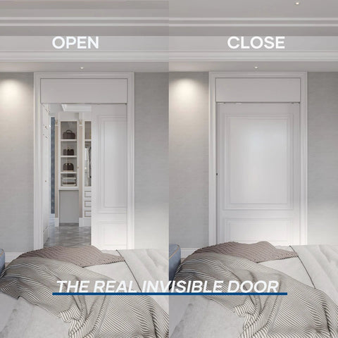 8 Foot Sliding Pocket Door Hardware Track Kit Aluminum Built Tough Heavy Duty Top Mount For 36 To 48 Inch Doors Commercial Grade Easy To Install Quiet And Smooth Operation Door Not Included in residential interior, shown open and closed.