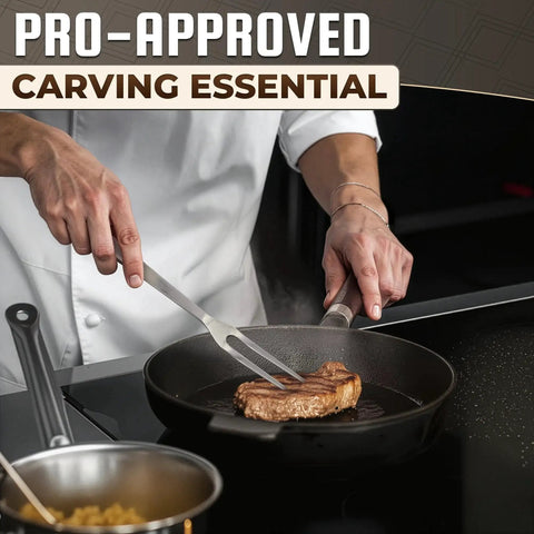 Chef using Meat Carving Fork 11 Inch Stainless Steel With Ergonomic Two Prong Handle, Dishwasher Safe And Heat Resistant.