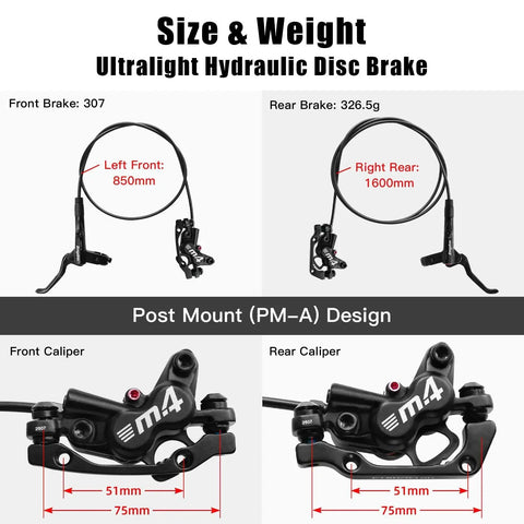 ZTZ 4-Piston hydraulic disc brake kit for MTB with 850mm left-front and 1600mm right-rear hoses; PM-A post-mount calipers.