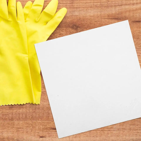 Industrial Microfiber Dust Rags 100 Pack Anti Static Lint Free Cleaning Cloths with yellow gloves on wood surface