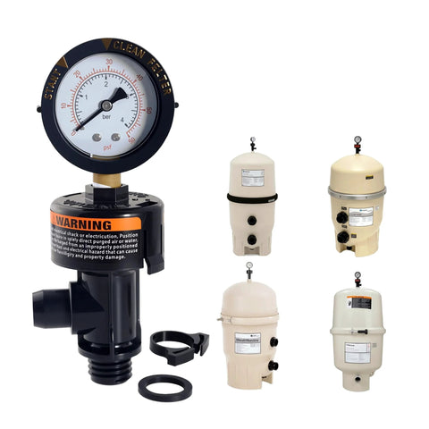 Air relief valve for pool filter with pressure gauge, black plastic body, shown with beige filter vessels.