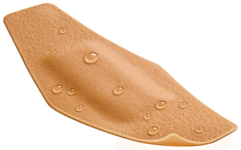 Waterproof Cushioned Foam Bandages, Assorted Sizes, 20 Count, shown with water droplets highlighting water-resistant seal.