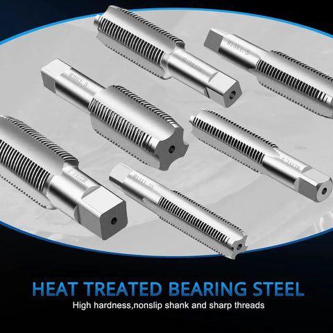 Pro Grade Oil Pan Drain Plug Thread Repair Kit 114 Piece Universal Set, close-up of steel metric taps displayed