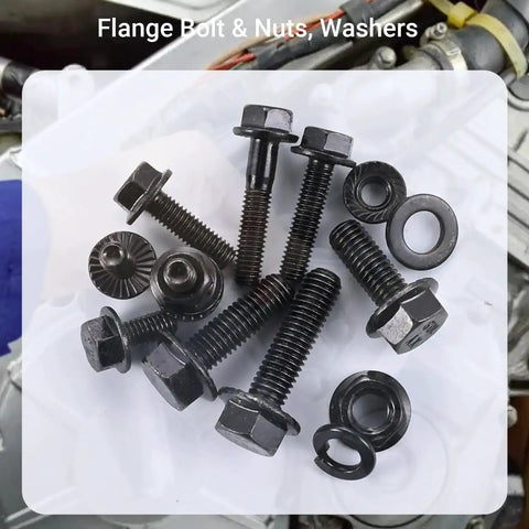 Dope Metric Flange Bolt And Nut Kit For Auto Work, M6x1.0 And M8x1.25, Black Zinc, Bolts, Nuts, Washers on engine background
