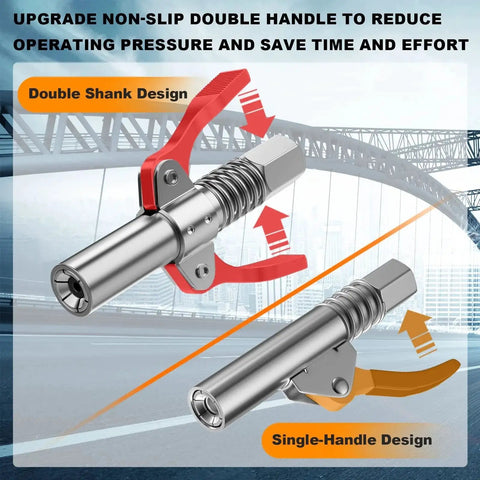 Heavy Duty Grease Gun Coupler With Double Handle And 6 Claw Design, 12000 PSI High Pressure Fittings shown in two designs