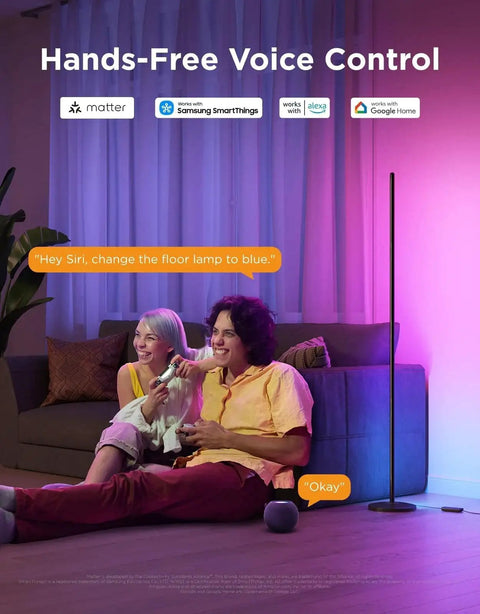 Couple using RGBIC Floor Lamp 1000lm With Music Sync And 16 Million Colors SmartThings Matter with voice control in a living room.