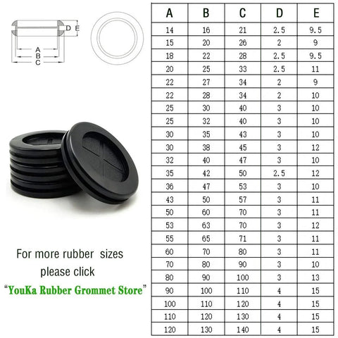 2 Inch Rubber Grommets For Wiring, 42 Mm Inside Diameter Double Sided Round Cable Hole Plugs with size chart and diagram