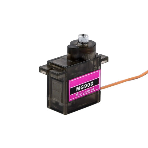 MG90D 9g Digital Micro Servo with metal gear for RC planes, helicopters, boats, and cars, shown front view.