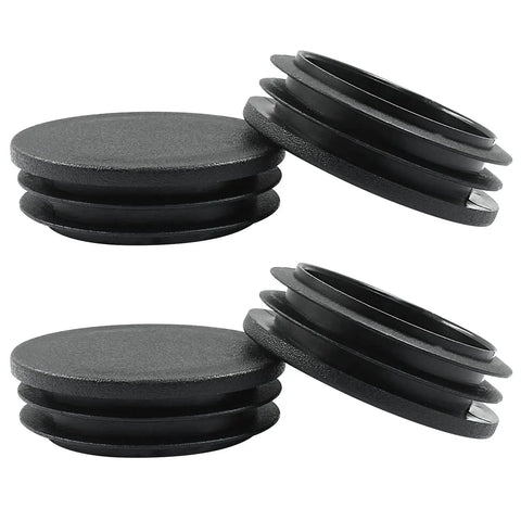 4 Pack 2 Inch Round Plastic Hole Plugs Black End Caps for Round Pipe Tubes stacked and side view