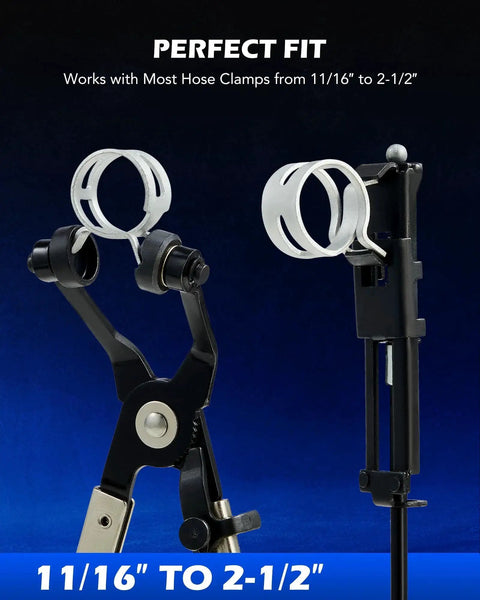 Long Reach Hose Clamp Pliers Set For Automotive Radiator Hoses And Band Clamps shown with clamps attached to handles