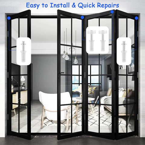 8 Piece Spring Loaded BiFold Door Hardware Kit With Top Roller Guides And Pivot Wheels For BiFold Closet Doors Folding Pocket Accordion Barn Door Repair Set All In One With All Necessary Parts For Quick Fixes displayed in a modern interior setting.