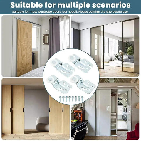 Sliding Door Hardware Wardrobe Roller Kit With Four Wheels For Top Hung Bypass Doors For Kitchen And Pantry, image showing various installed doors.