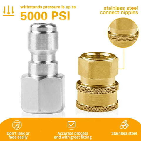 Eight Pack One Quarter Inch NPT Stainless Steel Quick Connect Fittings For Pressure Washers, Male And Female Internal Thread Adapters, Five Thousand PSI, Durable Rust Resistant