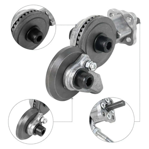 Close-up of Beastly Heavy Duty Drill Plate Cutter Attachment for sheet metal projects showing serrated wheels and adapter components.