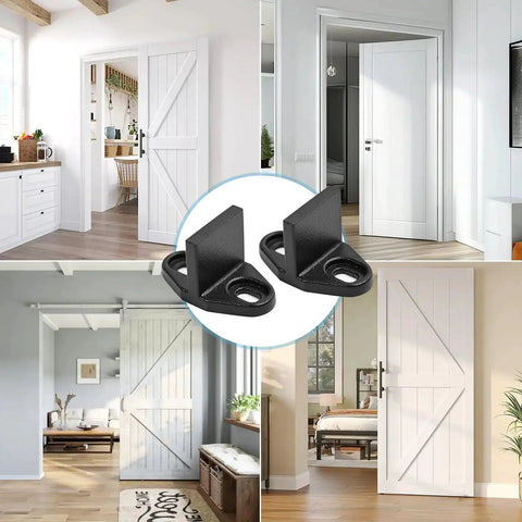 Heavy Duty T Shaped Barn Door Floor Guide 2 Pack Adjustable Bottom Track System for Sliding Doors shown installed in various settings.