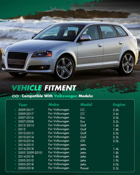 Vehicle fitment chart for Volkswagen models next to a silver car by the beach, detailing compatible years and engines.