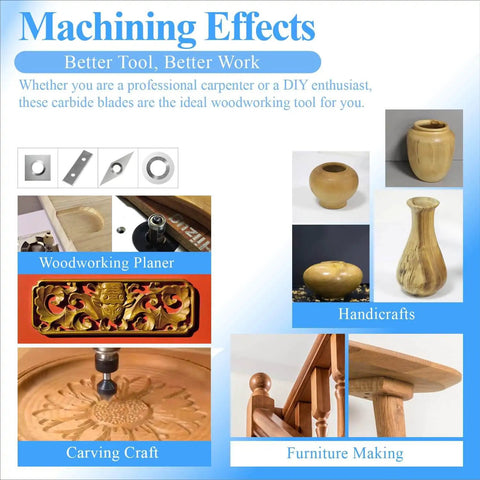 Image collage showing various woodworking projects using 50 x 12 x 1.5 mm (1.97 x 0.47 x 0.06 in), 2 in carbide double-edged scraper inserts.