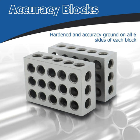 Machinist Grade 1 2 3 Block Set With Matched Pair 1 by 2 by 3 Inches, 23 Holes Including Five Tapped Three Eighths Inch and Eighteen Untapped, 0.0002 Inch Per Inch Accuracy, Hardened And Ground On All Sides, Cross Drilled For Quick Clamping.