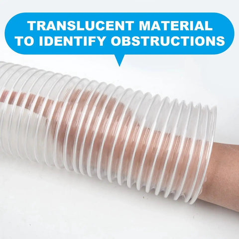 Translucent Heavy Duty 4 Inch PVC Dust Collection Hose, 50 Feet Long, Flexible Clear Debris And Fume Collector in use.