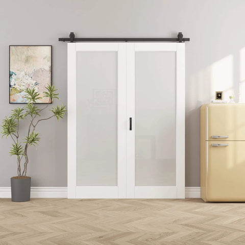 52 Inch By 80 Inch Frosted Glass Bifold Barn Door Kit With 64 Inch Track in white MDF, installed as a sliding closet door.
