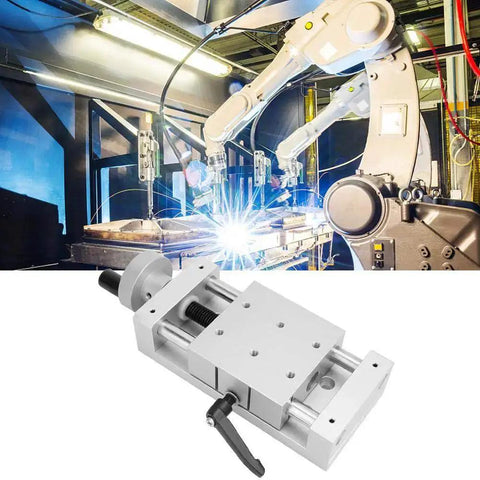 Manual Linear Sliding Table Rail Stage Aluminum Alloy 80x80mm Cross Rail with CNC robot in factory setting.