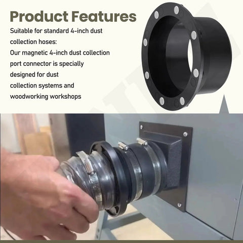 Image showing 4 Inch Magnetic Dust Collection Connector with Dust Control Flex Cuff for Woodworking Shop Vac Dust Collectors Quick Connect for 5 Hose to Equipment Interface Includes Rubber Couplers and Hose Clamps being installed on machinery.