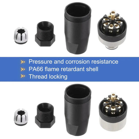 Components of Two Pack 8 Pin M12 Male Aviation Connector Wire Plugs A Coding 12mm Circular Sensor Connector Waterproof IP67