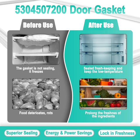 Infographic showing benefits of Upgraded 5304507200 Refrigerator Door Gasket For Frigidaire Kenmore Freezers with EPDM seal.