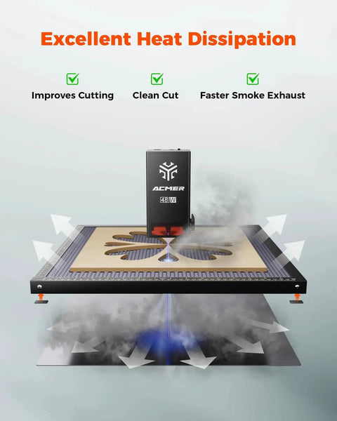 Honeycomb Laser Bed 300x300mm For Diode CO2 Fiber Laser Engravers With Aluminum Backing Plate illustrated with smoke extraction.