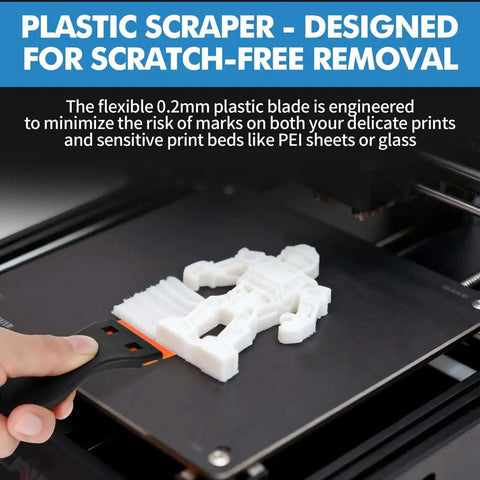 Plastic scraper in Dual Tool 3D Printer Scraper Set removing 3D print safely from PEI bed without scratches
