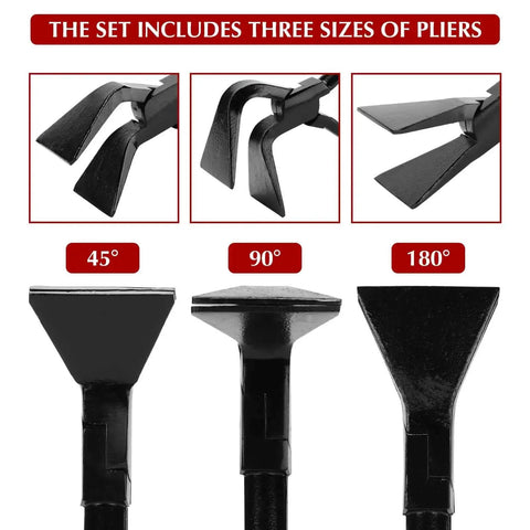 Three Piece Hand Seamer Sheet Metal Tool Set showing three plier sizes for 45, 90, and 180 degree bends with sharp ground jaws.