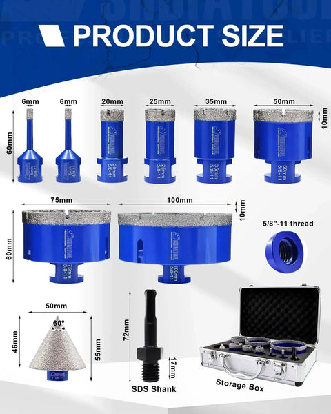 Diamond Tile Drill Bits Set 10 Piece For DIY Pros Porcelain Ceramic Marble Granite Dry And Wet Drilling Includes 6mm 20mm 25mm 35mm 50mm 75mm 100mm 2 Inch Chamfer Bit And SDS Plus Adapter shown with sizes and storage box